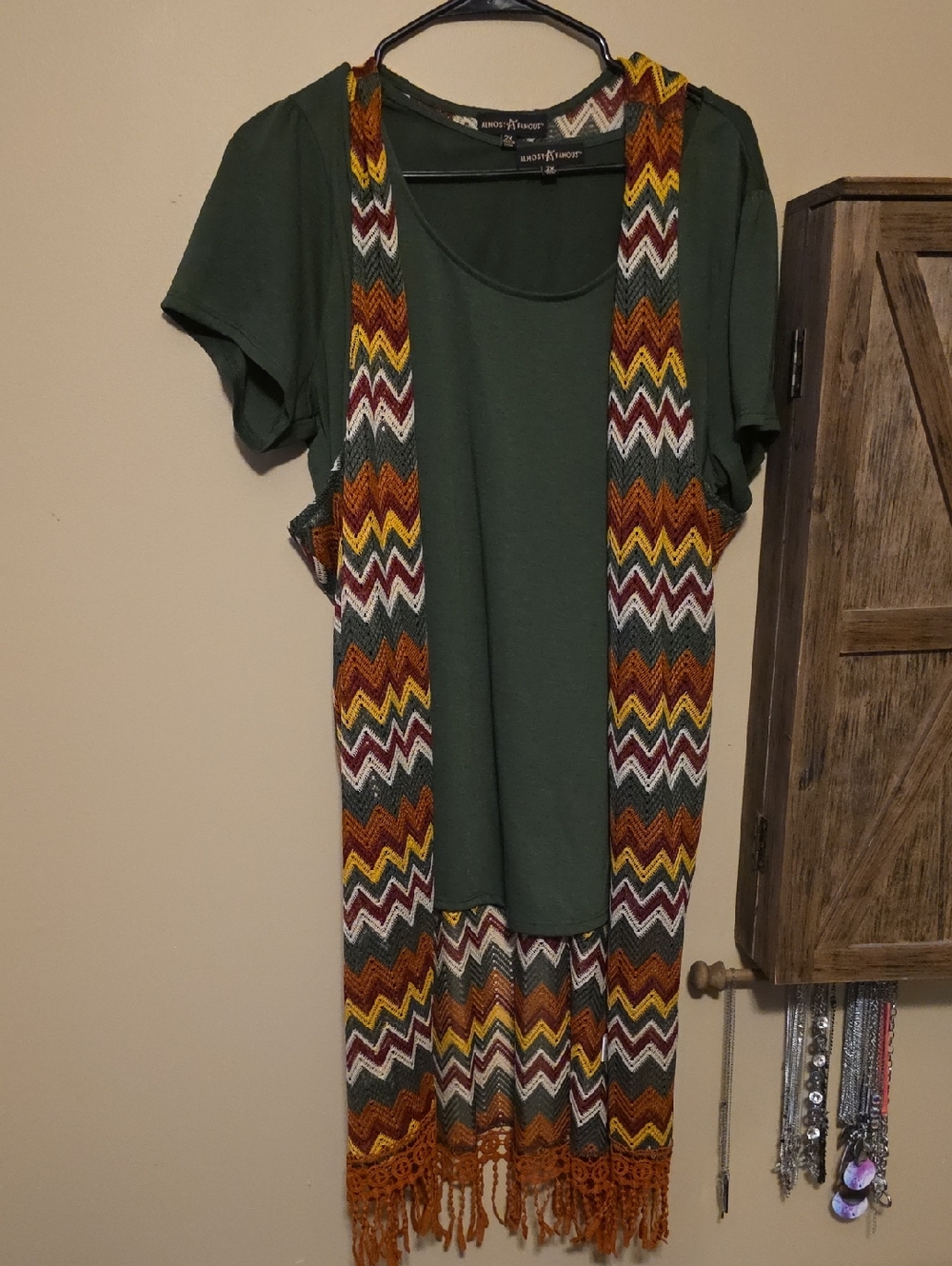 Almost Famous Olive Green Short Sleeve Top with Multicolor Chevron Fringe Vest